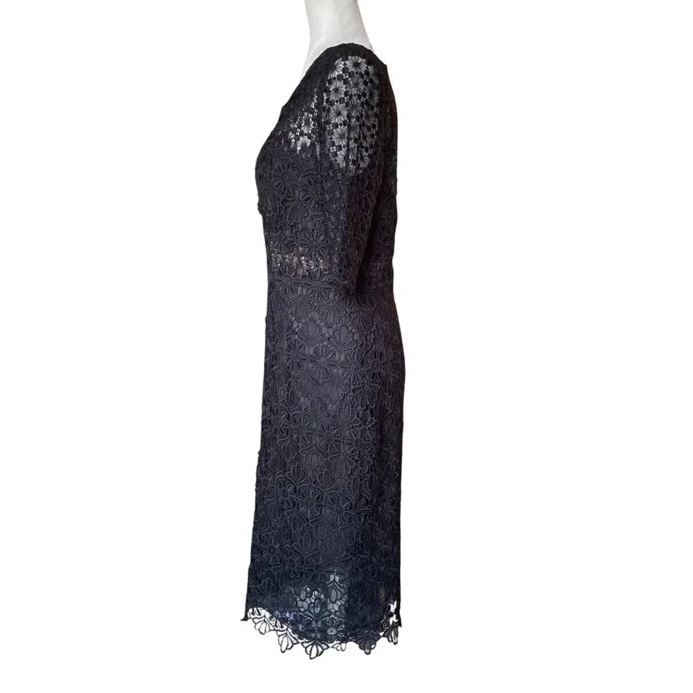 Anthropologie ML Monique Lhuillier Black Floral Lace Sheath Dress Sz 10 - Picture 9 of 16